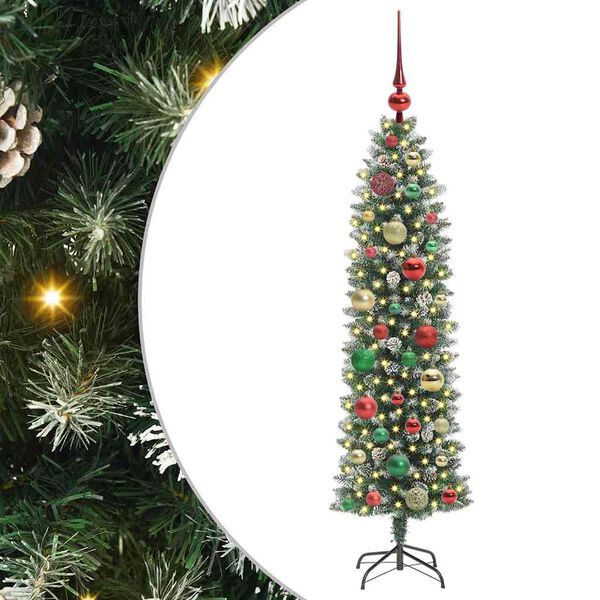vidaXL Kunstmatige slanke kerstboom met 150 LED Groen en Wit 120 cm