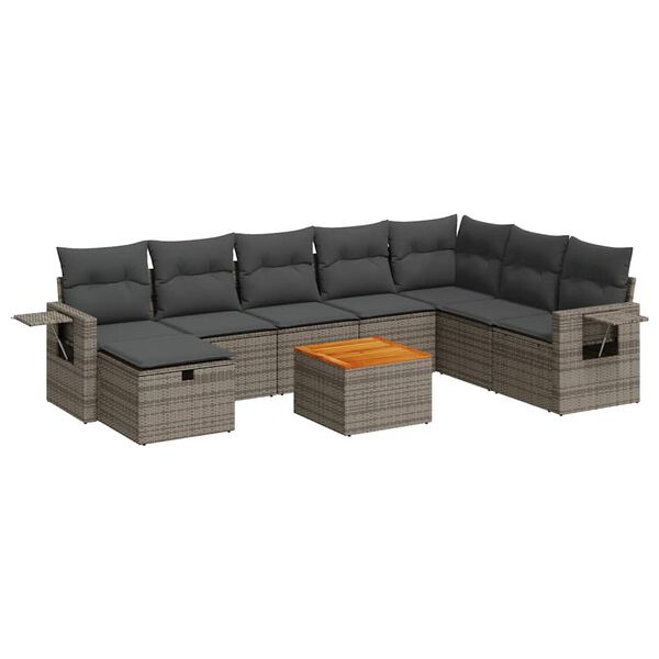 vidaXL 9-delige Loungeset met kussens poly rattan grijs