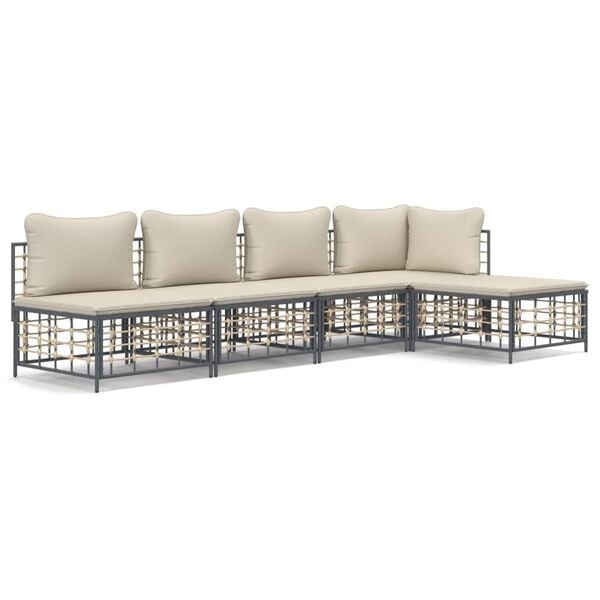 vidaXL 5-delige Loungeset met kussens poly rattan antracietkleurig