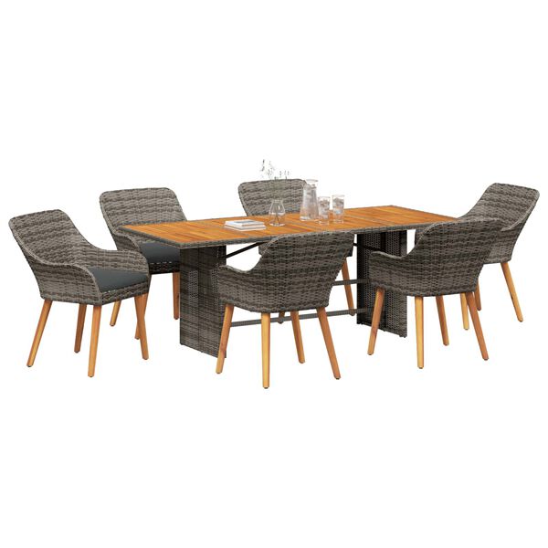 vidaXL Tuin eettafelset met kussen 7 pcs Grijs poly rattan