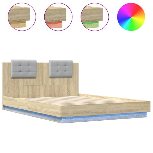vidaXL Bedframe met hoofdbord en LED sonoma eikenkleurig 140x200 cm