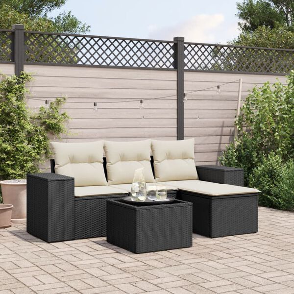 vidaXL 5-delige Loungeset met kussens poly rattan zwart