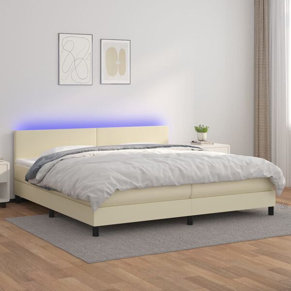 vidaXL Boxspring met matras en LED kunstleer cr&egrave;mekleurig 200x200 cm