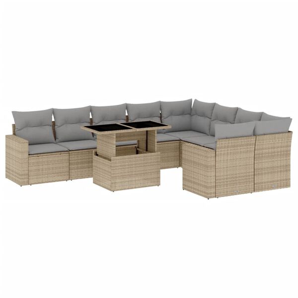 vidaXL 10-delige Loungeset met kussens poly rattan beige