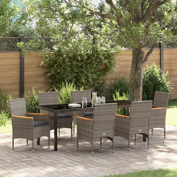 vidaXL Tuin eettafelset met kussen 7 pcs Grijs poly rattan