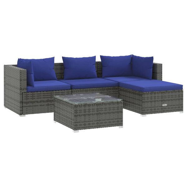 vidaXL 5-delige Loungeset met kussens poly rattan grijs