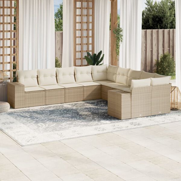 vidaXL 10-delige Loungeset met kussens poly rattan beige