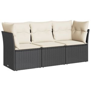 vidaXL 3-delige Loungeset met kussens poly rattan zwart