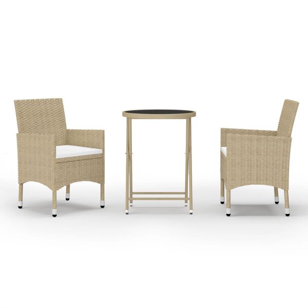 vidaXL 3-delige Bistroset poly rattan en gehard glas beige