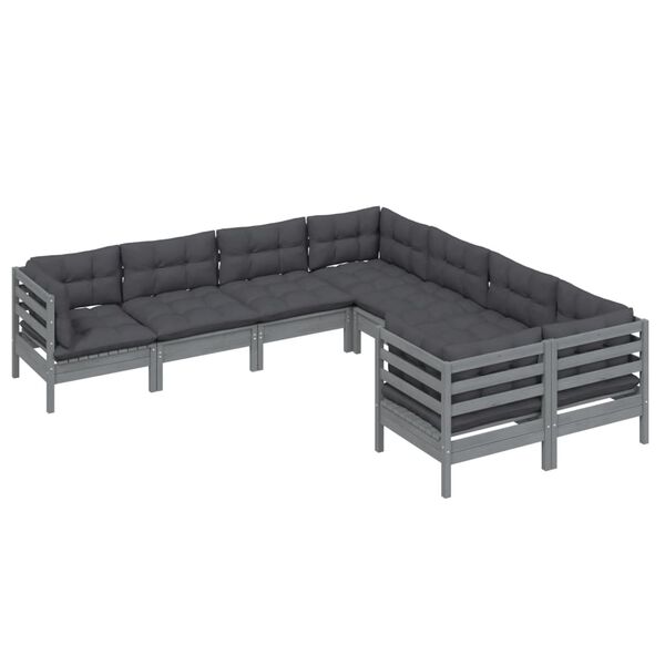 vidaXL 8-delige Loungeset met kussens massief grenenhout grijs