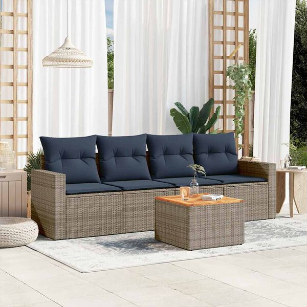 vidaXL 5-delige Loungeset met kussens poly rattan grijs