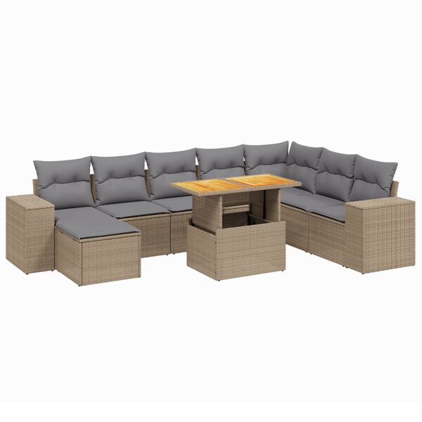 vidaXL 9-delige Loungeset met kussens poly rattan beige
