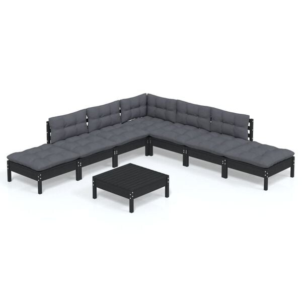 vidaXL 8-delige Loungeset met kussens grenenhout zwart