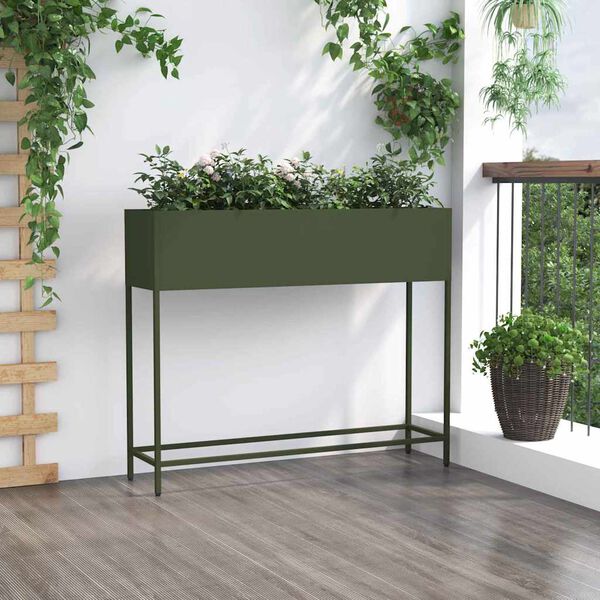 vidaXL Verhoogde Tuin Plantbak Olijfgroen 100 x 26 x 82 cm Staal