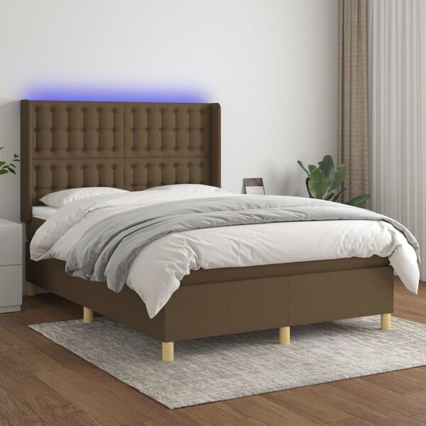 vidaXL Boxspring met matras en LED stof donkerbruin 140x200 cm