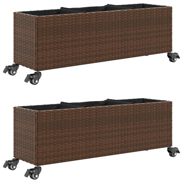 vidaXL Plantenbakken met wielen 2 st 107x32x38 cm poly rattan bruin