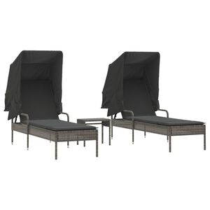 vidaXL Ligbedden 2 st met luifels en tafel poly rattan grijs