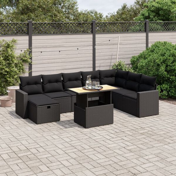 vidaXL 9-delige Loungeset met kussens poly rattan zwart
