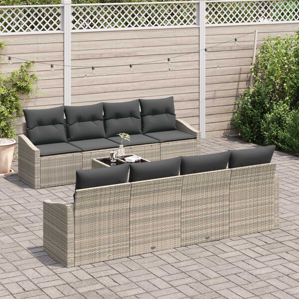 vidaXL Bankstel met kussen met kussen 9 pcs Lichtgrijs poly rattan