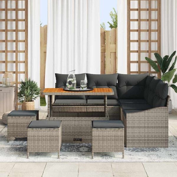 vidaXL Tuinbankenset met kussen 9 pcs Grijs poly rattan