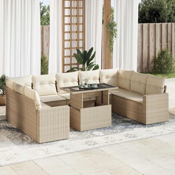 vidaXL 10-delige Loungeset met kussens poly rattan beige