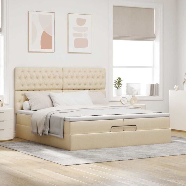 vidaXL Ottoman bed met matrassen 200x200cm stof crèmekleurig