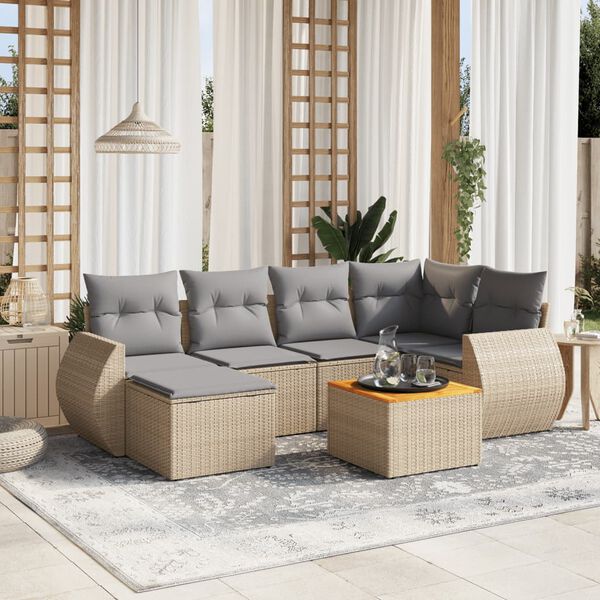 vidaXL 7-delige Loungeset met kussens poly rattan beige