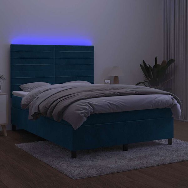 vidaXL Boxspring met matras en LED fluweel donkerblauw 140x200 cm