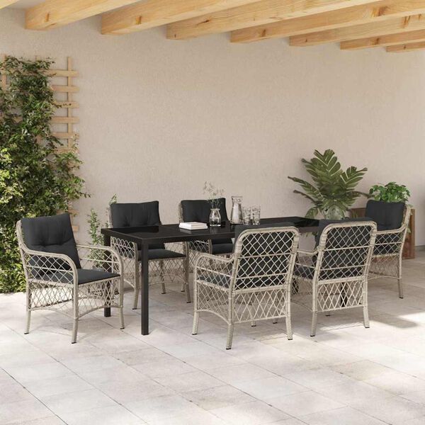 vidaXL Tuin eettafelset met kussen 7 pcs Lichtgrijs poly rattan