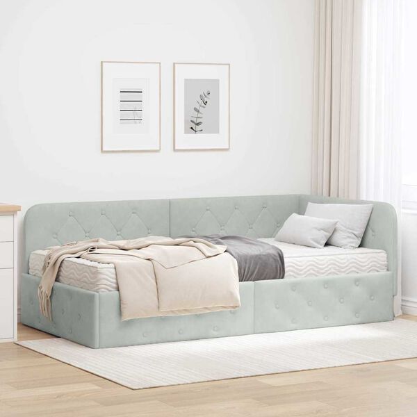 vidaXL Hoekbedframe met matras Lichtgrijs 90 x 190 cm Fluweel
