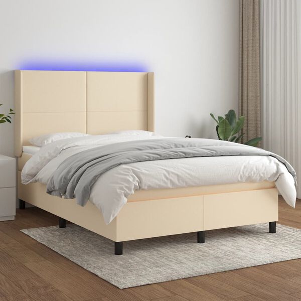 vidaXL Boxspring met matras en LED stof cr&egrave;mekleurig 140x200 cm