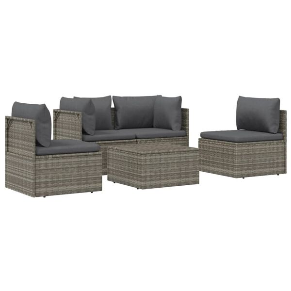 vidaXL 5-delige Loungeset met kussens poly rattan grijs
