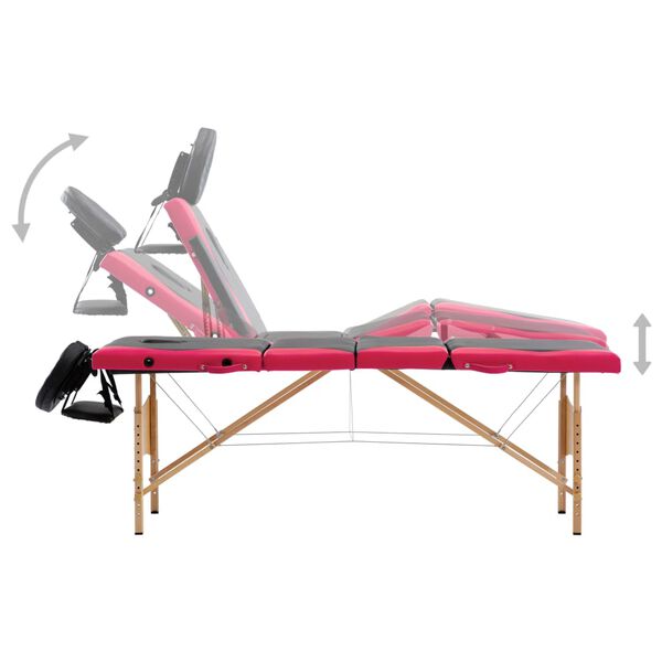 vidaXL Massagetafel inklapbaar 4 zones hout zwart en roze