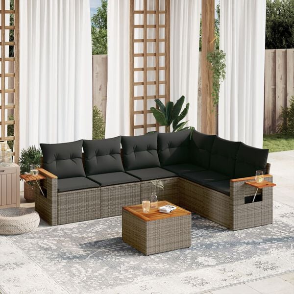 vidaXL 7-delige Loungeset met kussens poly rattan grijs