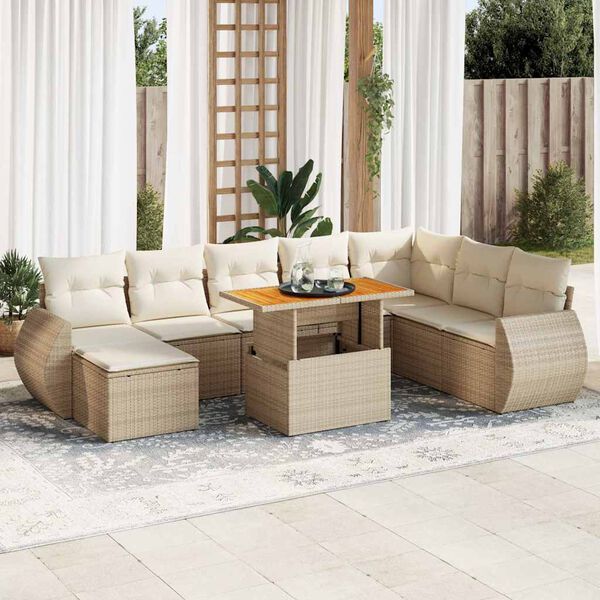 vidaXL 9-delige Loungeset met kussens poly rattan beige