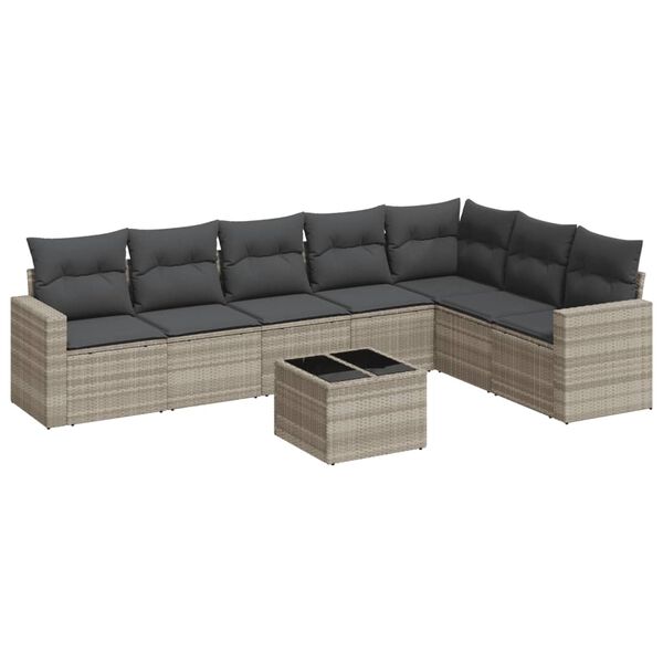 vidaXL 8-delige Loungeset met kussens poly rattan lichtgrijs