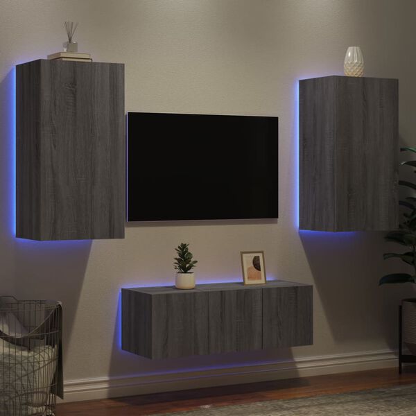 vidaXL 4-delige Tv-wandmeubelset met LED bewerkt hout grijs sonoma