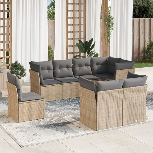 vidaXL 8-delige Loungeset met kussens poly rattan beige
