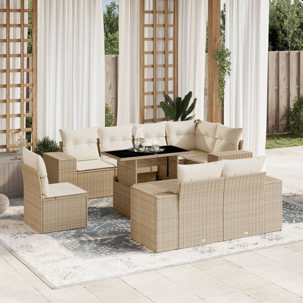 vidaXL 9-delige Loungeset met kussens poly rattan beige
