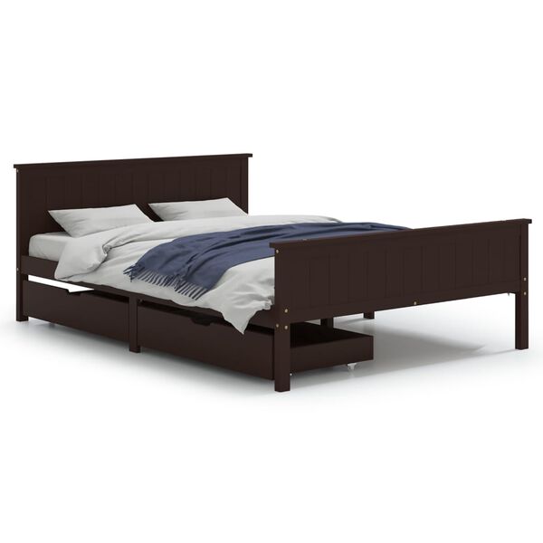 vidaXL Bedframe met 2 lades 140x200 cm massief grenenhout donkerbruin
