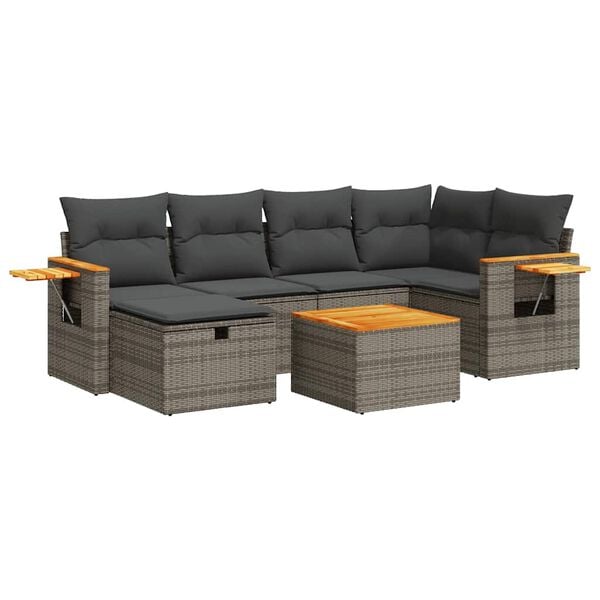 vidaXL 7-delige Loungeset met kussens poly rattan grijs