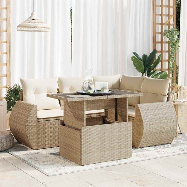 vidaXL 5-delige Loungeset met kussens poly rattan beige