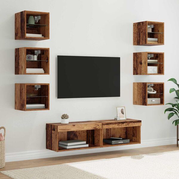 vidaXL TV-kast met LED-striplichten met lade 8 pcs Oud Hout Glas
