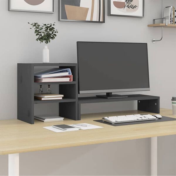 vidaXL Monitorstandaard 81x20x30 cm massief grenenhout grijs