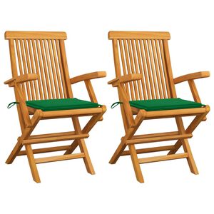 vidaXL Opklapbare stoelen met groene kussens, 2 stuks, massief teakhout