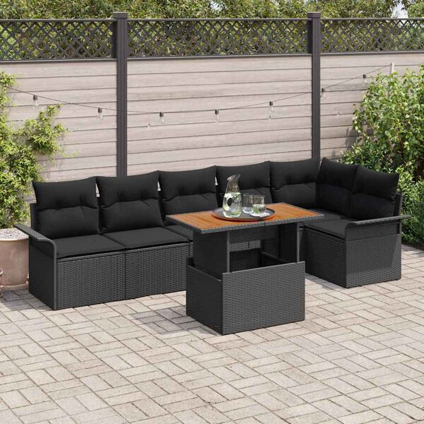 vidaXL Tuinbankenset met kussen 7 pcs Zwart poly rattan
