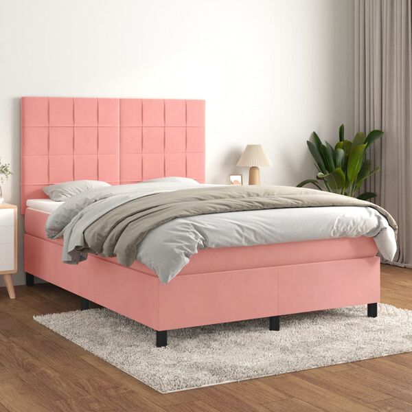 vidaXL Boxspring met matras fluweel roze 140x190 cm