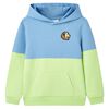 Kindertrui met capuchon 116 blauw en zachtgeel