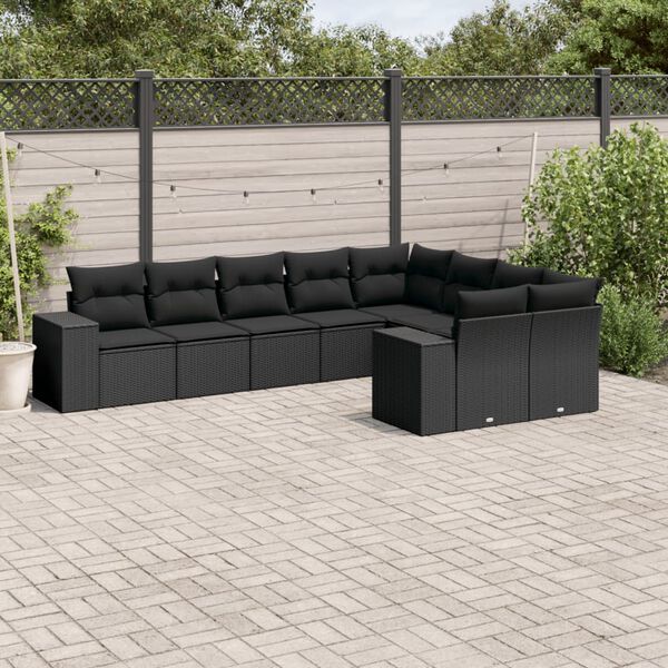 vidaXL 9-delige Loungeset met kussens poly rattan zwart
