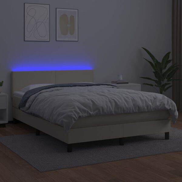 vidaXL Boxspring met matras en LED kunstleer cr&egrave;mekleurig 140x190 cm